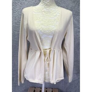 Isabellas Closes Ivory Beige Open Cardigan Sweater Tie Ribbed Coquette Petit L